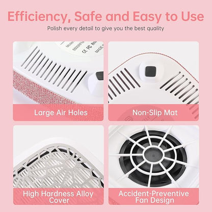 Nail Dust Collector, Cordless Dust Collector Nail Tech, Compact Powerful 6000RPM Nail Vacuum Fan Rechargeable Dust Extractor for Acrylic Gel Polish Manicure Pedicure for Home, Pink