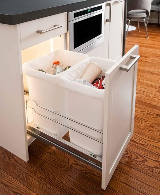 Rok Hardware Soft Closing Undermount Kitchen Cabinet Heavy Duty Pull Out Organizer Trash and Recycling Center with White Finish Dual 36 Quart Capacity Waste Recycle Bins Garbage Can, ROKRECYCLE3