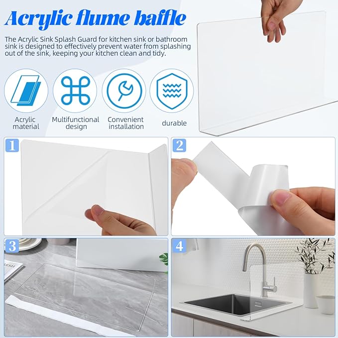 PRETYZOOM Kitchen Sink Splash Guard Acrylic Water Barrier for Bathroom and Kitchen Sink 15.74 X 8.26 X 1.96 Inches Protection Anti-Splashing Guard with Smooth Surface Easy to Clean
