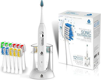 Pursonic S430 SmartSeries Electronic Power Rechargeable Sonic Toothbrush with 40,000 Strokes Per Minute, 12 Brush Heads Included (White)