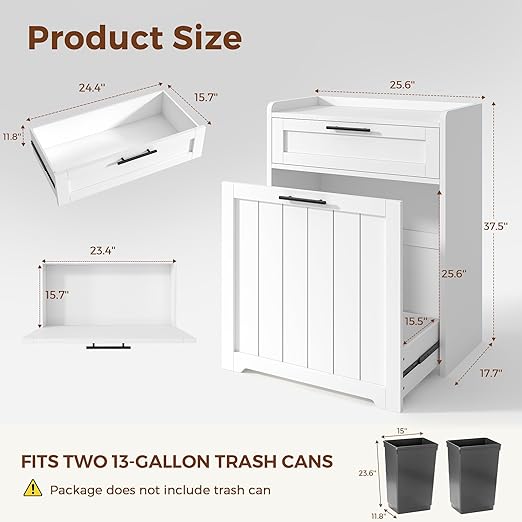 Jocoevol Pull Out Trash Can Cabinet, 2x13 Gallon Hidden Garbage Recycling Bin with Drawer, Freestanding Wooden Kitchen Trash can & Laundry Hamper Cabinet, Pet Proof Waste Bin for Living Room, White