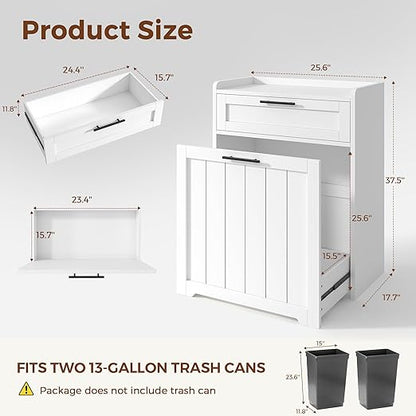 Jocoevol Pull Out Trash Can Cabinet, 2x13 Gallon Hidden Garbage Recycling Bin with Drawer, Freestanding Wooden Kitchen Trash can & Laundry Hamper Cabinet, Pet Proof Waste Bin for Living Room, White