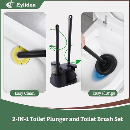 Eyliden Toilet Brush and Plunger Combo Set | 2-in-1 Disposable Toilet Bowl Wand Kit with 10 Refill Heads, Toilet Plunger, Compact Storage Holder | Bathroom Cleaning System for Home, Black