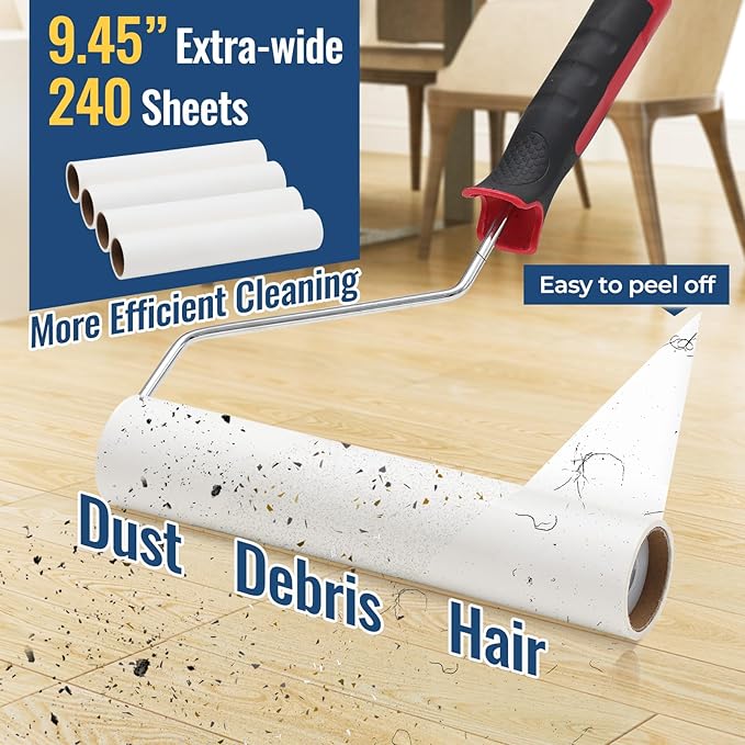 Lint Rollers for Pet Hair Extra Sticky, 9.45" Wide Large Lint Roller, 240 Adhesive Sheets Rollers, 51" Long Handle Sticky Mop for Carpets, Clothing, Floor, Bed, Home Cleaning, Loving Pet Owners