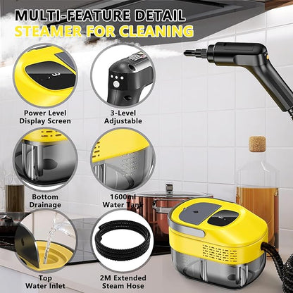 2026 New 3 Level Adjustable Pressurized Handheld Steam Cleaner for Home, 10s Heat-Up Handheld Steamer for Cleaning, 1.6 Qt Tank Portable Steam Cleaner Handheld for Car (Yellow, 1 Set)