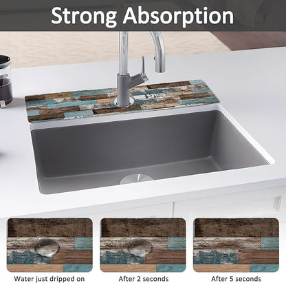 2PCS 24" X 5.5" Kitchen Sink Splash Guard Faucet Mat Wood Grain Super Absorbent Fast Drying Faucet Guard & Draining Mat Sink Splash Guard Behind Faucet for Kitchen, Bathroom