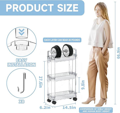 Yieach 3 Tier Rolling Cart with Wheels,Clear Narrow Bathroom Rack Organizer,Slim Storage Cart,Three Tier Thin Shelf and Narrow Rolling Utility Cart for Small Space Shelf,Dorm Room,Kitchen,Laundry