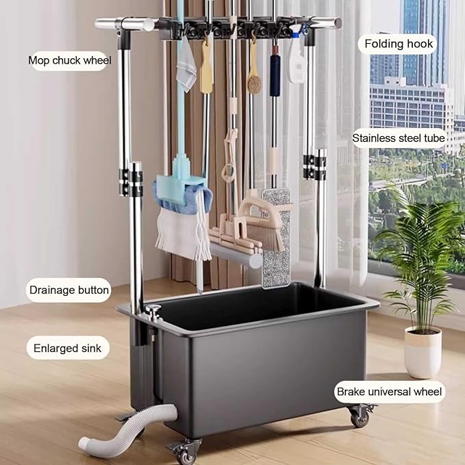Freestanding Floor Mop Sink with 26cm Deep Basin, 93-124cm Adjustable Height Broom Mop Holder Organizer Movable Mop Sink with Wheels for Laundry Backyard Garage