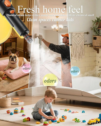 1200W Handheld Steam Cleaner for Home, Powerful Natural Multi‑Surface Steam Cleaner with 10 Accessories, 13.5oz Pressurized Steamer for Deep Cleaning Tile, Grout, Shower, Bathroom,Kitchen,Car, Yellow