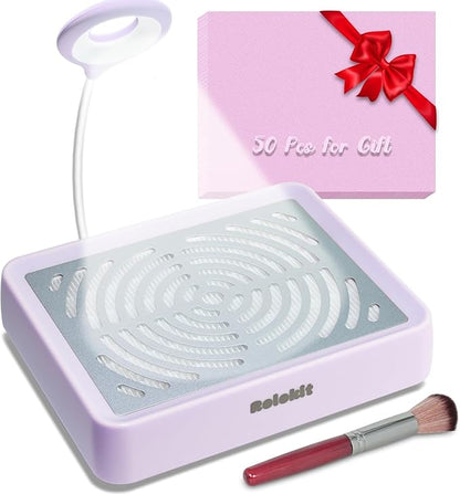 Nail Dust Collector with Lamp&50pcs Disposable Filter&Dusting Brush, Electric Nail Vacuum Cleaner Dust Fan Suction Machine for Manicure Acrylic Gel Nails Polishing, Low Noise, Salon Home