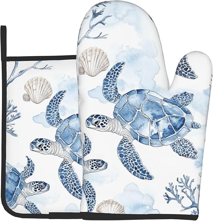 Navy Blue Ocean Sea Turtle Oven Mitts and Pot Holders Sets of 2 Summer Gift for Cooking Enthusiasts Coastal Beach Nautical Coral Kitchen Gloves for Baking BBQ Cooking Grilling Decor