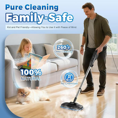 Fast Heating & Heavy Duty Detachable Steam Mop Cleaner with 17 Accessories, Dual-Speed Control 260°F High-Temperature Floor Steam Mop, Power Steady Steam Cleaner for All Floors|Windows|Tile|Grout|Home