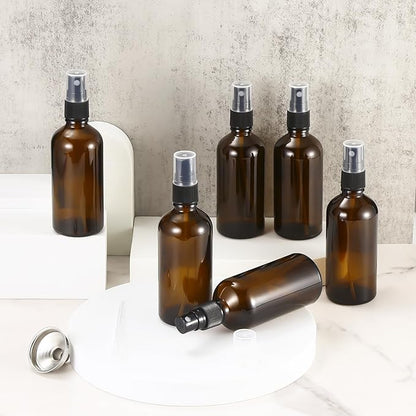 3.4 oz Amber Glass Spray Bottles,Empty Fine Mist Refillable Travel Spray Bottle for Cleaning,Perfume,Aromatherapy,Cosmetic Sprays,Hair,Essential Oils with Fine Mist Dispenser（6 Pack）