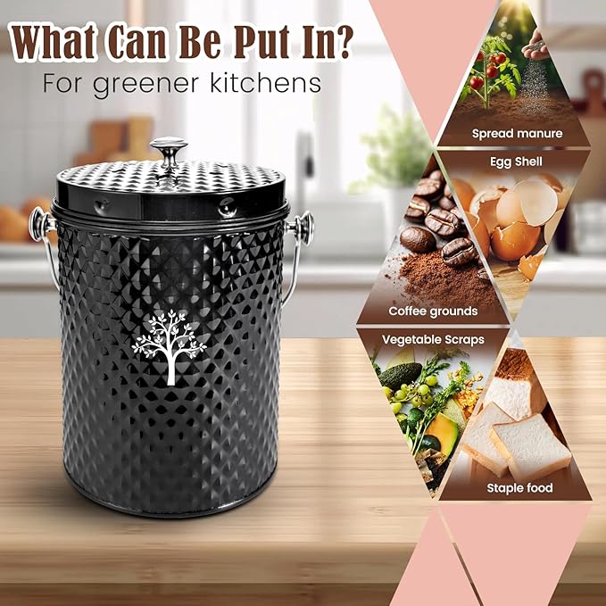 AOSION Countertop Compost Bin Kitchen，Odorless Indoor Compost Bin with Lid and 50 Pack Compost Bags,Compost Bucket Composter Container for Food Waste,Black