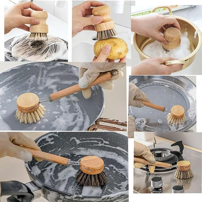 Wooden Dish Brush Set Clean Pots Bamboo Dish Brush - 1 Long Handle Dish Brush and 2 Palm Scrubbing Brush Scrub Brush for Pots, Pans & Dishes,Plastic Free Washing Up, Zero Waste Cleaning (3 Pack)