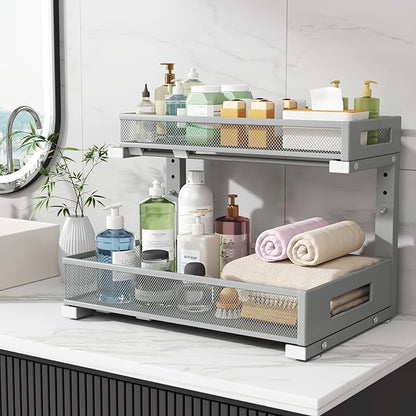 2 Pack 17IN Depth Under Sink Storage Organizer, Large 2-Tier Elegant Mesh Pull Out Shelf for Kitchen and Bathroom Cabinet Organization, L-Shaped and Adjustable Height Design-Gun Gray