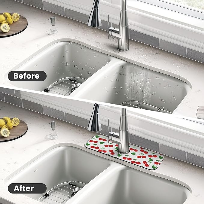 Fruit Cherry Red Cherries Leaves Leaf White Kitchen Sink Splash Guard Faucet Mat Super Absorbent Fast Drying Mat Sink Gadgets-Fast Drying Pad Sink Mat For Kitchen Bathroom (15" X 5.5" )