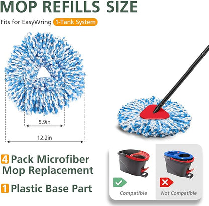 4 Pack Spin Mop Refill Replacement Head Compatible with EasyWring 1-Tank System Spinning Mop, with 1 Swivel Mop Base, 100% Microfiber Deep Cleaning Machine Washable - Blue