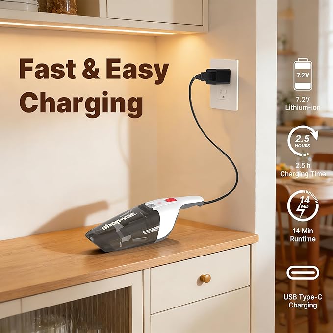 Shop-Vac Wet/Dry Handheld Vacuum, Powerful Small Vacuum Cordless Rechargeable, Wall-Mounted Hand Vac with Crevice Tool, Portable Vacuum for Home & Car, Lightweight & Compact, White