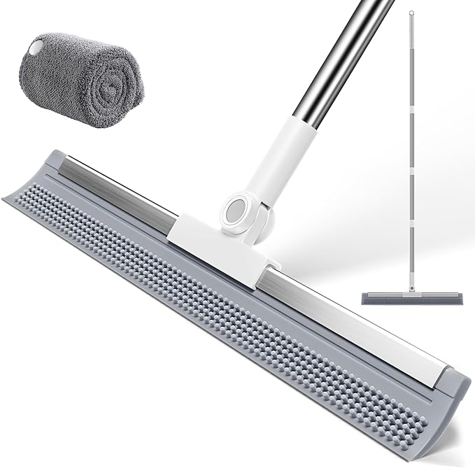 Floor Squeegee Broom with Long Handle, 2 in 1 Rubber Broom with Scrubbing Teeth for Water Removal, Shower, Bathroom, Kitchen, Tile, Concrete, Garage and Pet Hair