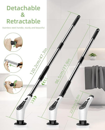 Electric Spin Scrubber, Cordless Power Scrubber with 7 Brush Heads &Telescopic Handle, Lightweight Bathroom Scrubber for Cleaning Tile Grout Tub Shower Floor Window, White-rx2