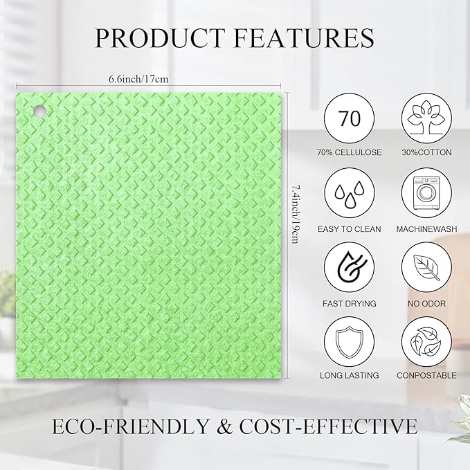 6 Packs Swedish Kitchen Dish Cloths - Reusable Paper Towels for Counters & Dishes - Eco-Friendly Cellulose Sponge Cloth (Grass Green)