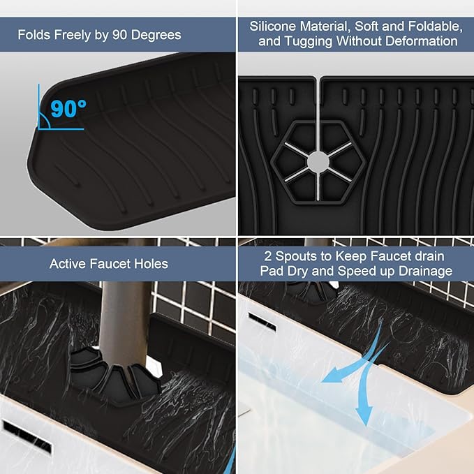Faucet Guard - 90 Foldable Drain Mat for Kitchen & Bathroom with 2 Drain Ports (Black, 17.7"*5.66")