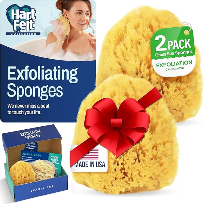 HartFelt Exfoliating Grass Sea Sponge Beauty Box | 2 Bath Sponges for Shower Women & Men 4in | Natural Sponge with Mesh Bag for Cleaning & Drying | Cleanses Skin from Dirt & Excess Oil - Gift Box