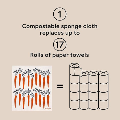 RECYCO Swedish Dishcloths for Kitchen | 6 Packs Veggie Melody Washable Dish Rags | Cellulose Reusable Cleaning Paper Towels | Absorbent Counter Dish Cloth Sponge Kitchen Wipes, 8" L x 7" W