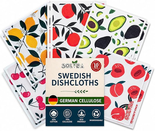 10 PCS Fruit Print Swedish Dishcloths for Kitchen 100% Biodegradable, Reusable Cellulose Sponge Cloths Ultra Absorbent, Eco Friendly Cleaning Towels Dishcloths for Washing Dishes & General Cleaning