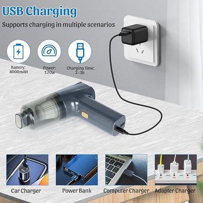 12000Pa Cordless Handheld Vacuum Cleaner, High Power Car Vacuum and Air Duster 2-in-1, Low Decibel Brushless Mini Vacuum with LED light and Multi-Nozzles, for Desk, Sewing Machine, Computer, Keyboard