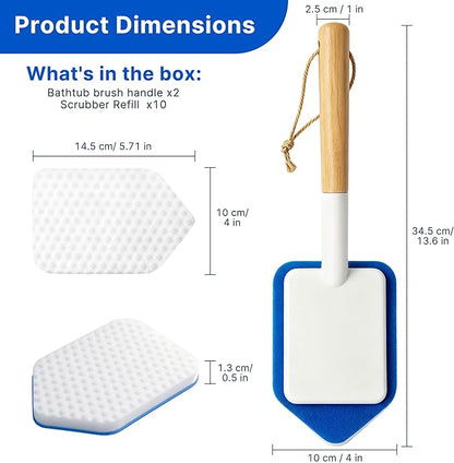 Tub Tile Scrubber Brush – 2 Pack with Wooden Handle, Includes 10 Melamine Sponge Eraser Heads | Non-Scratch Cleaner for Bathtub, Shower Wall, Grout, Kitchen Sink