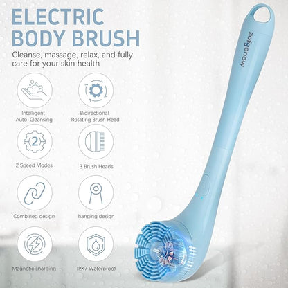 ZOFGENOW Electric Body Brush, Waterproof Back Scrubber for Shower with Long Handle and 3 Heads, Rechargeable Exfoliating Brush for Body and Foot, Deep Cleansing Massager, Blue