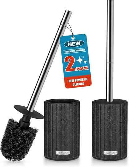 2 Pack Toilet Bowl Brush and Holder, Durable Toilet Scrubber Bristles, Long Stainless Steel Handle, Ceramic Texture Toilet Brush and Holder Set, Deep Cleaning Toilet Brush for Bathroom, Black