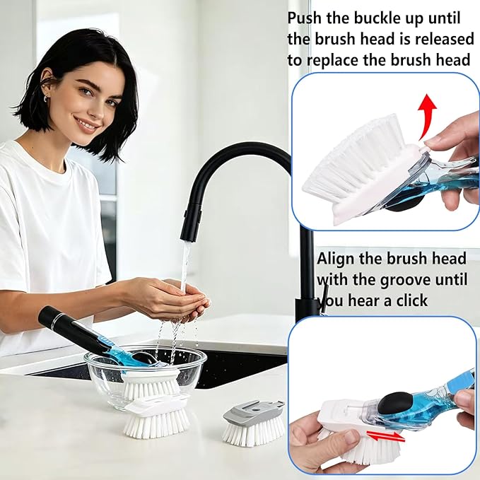 Dish Brush Refills, Dish Scrubber Replacement Heads Compatible with OXO Soap Dispensing Dish Brush, Nylon Bristles with Built-in Scraper, Suitable for Non-Stick Cookware, 2 Pack