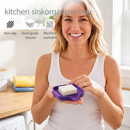MicoYang Silicone Bathroom Soap Dishes with Drain Spout-Bathroom and Kitchen Sink Organizer,Sponge Holder,Dish Soap Tray,Perfect for Dispenser,Scrubber,Bottle,Cup on Sink or Counter-Purple 4.9"×3.2"