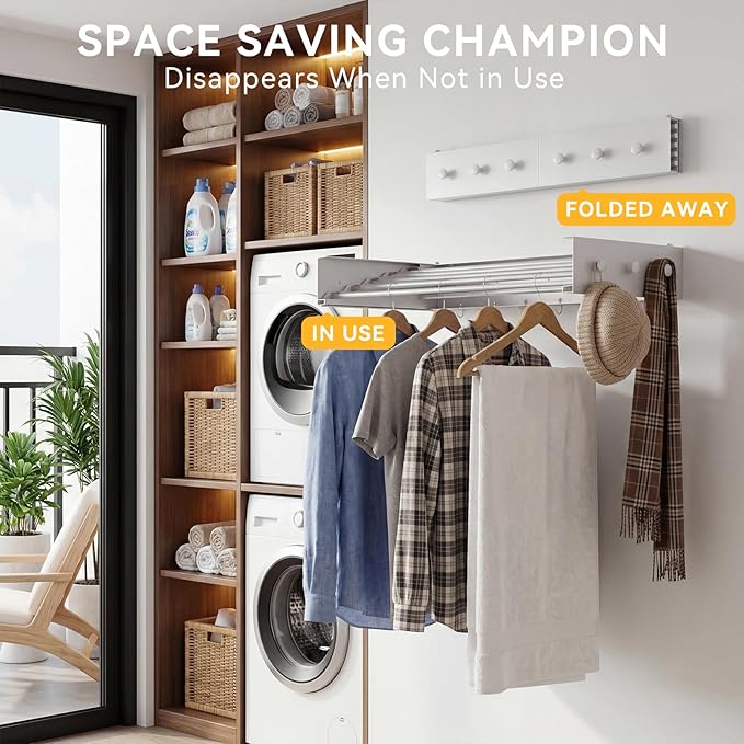 Extra Wide 40" Laundry Drying Rack Wall Mount - Retractable Clothes Drying Rack with 6 Hooks & 6 Knobs, Heavy Duty 60LBS Metal Airer, Large Foldable Wall Hanger for Indoor