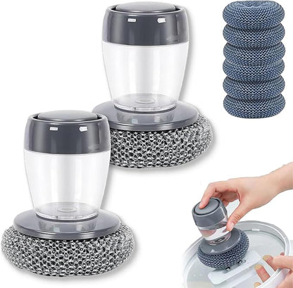 Comfort Grip Soap Dispensing Kitchen Scrub, Kitchen Scrub Brush with Built-in Soap Dispenser Without Soaps with Replaceable Head for Everyday Kitchens Cleanup, Busy Households (2 Set)