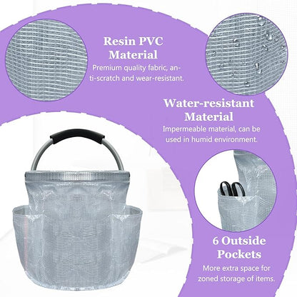 17L Portable Shower Caddy with Handle, Foldable Cleaning Supply Caddy in PVC Resin, Picnic Basket with 6 Side Pockets, Multifunctional Storage Basket for Bathroom, Picnics, Transparent