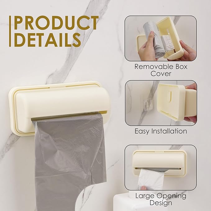 2 Pack Wall Mounted Trash Bag Dispenser, Small Plastic Garbage Bag Holder Organizer, Adhesive No Drill Storage Box for Kitchen Cabinet, Under Sink, Bathroom (Beige)