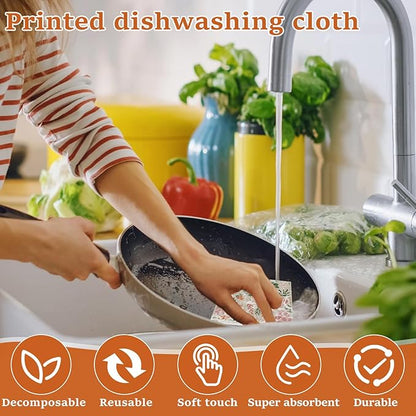 5Pcs Swedish Dishcloths for Kitchen, Quick-Drying Reusable Paper Towels, Absorbent Washable Kitchen Dish Rags, Soft Cellulose Sponge Cloths for Countertop Sink Flower Bird (5pcs Flowers)