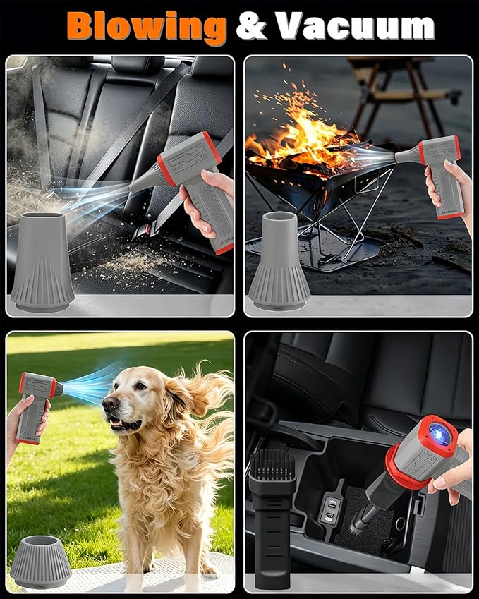 Compressed Air Duster, 130K RPM Powerful Cordless Mini Blower with Display, 10-Gear Adjustable Car Vacuum with Fast Charging, Rechargeable Handheld Vacuum for Home, Outdoor and Car (Gray, 2-in-1)