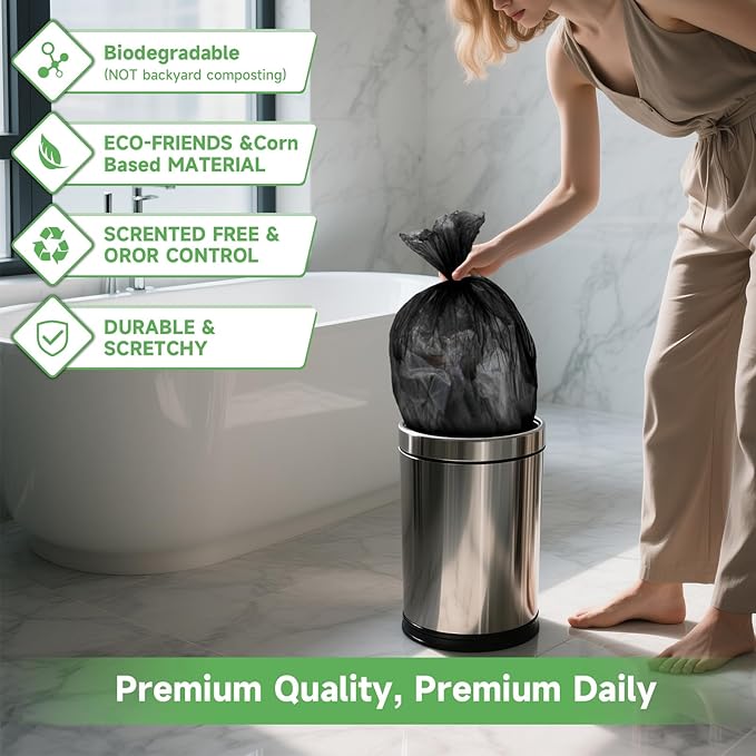 Small Trash-Bag 3 Gallon - Compostable Black Unscented Garbage Bags Super Tough Disposable Wastebasket Liners for Kitchen Countertop, Bathroom, Office Small Bins