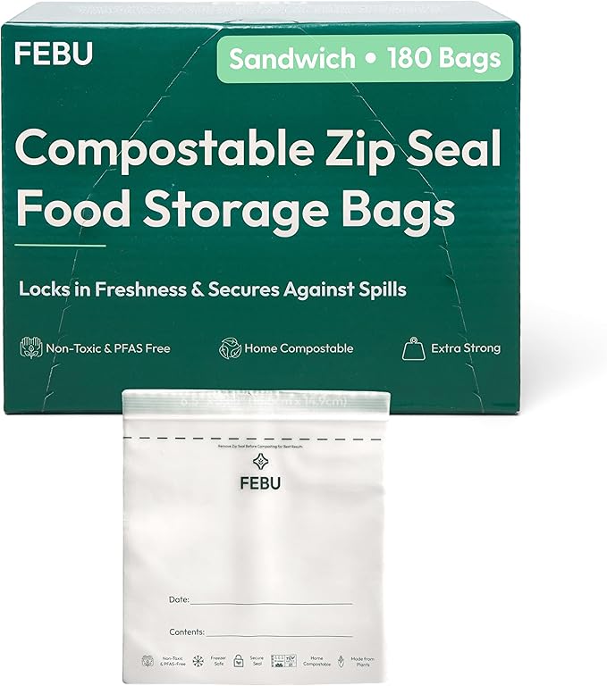 FEBU Sandwich Compostable Food Storage Bags, 180 Count | Certified Home Compostable & Biodegradable | PFAS & BPA Free Zipper Bags | Leak-Proof & Resealable | 6.5"x 5.88”