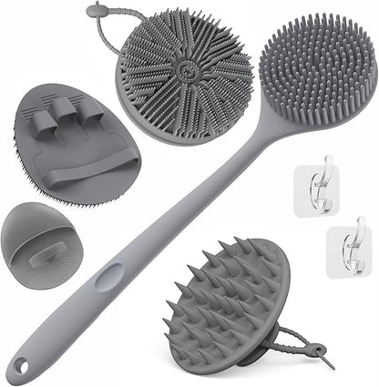 Manmihealth Silicone Back Scrubber & Soft Bath Glove, Silicone Scalp Massager Set 5 PCS, Super-Exfoliating Body Scrubber Shower Brush & Shampoo Brush Combination, with 2 Free Hooks (Style 1 Gray)