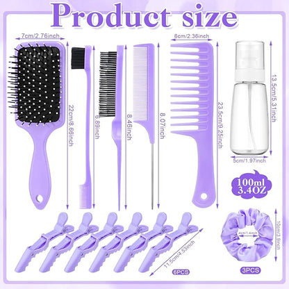 15 Pcs Slick Back Hair Brush Set, Bristle Comb with Spray Bottle,Hair Clip,Edge Brush for Women, Men (Purple)