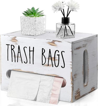 DRASTAR Trash Bag Holder, Wooden Stackable Trash bag Dispenser Wall Mount, Large Garbage Bag Dispenser for for 13-gallon Trash Bags Roll Holder, Kitchen Laundry Room Organization, Retro White