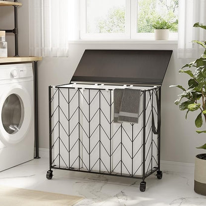 WOWLIVE Laundry Basket with Wheels, 142L Laundry Hamper 3 Section with Lid, Dirty Clothes Hamper with Removable Bags, Large Capacity Iron-Made Laundry Basket Organizer Laundry Sorter for Dorm, Beige