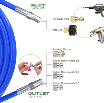 Sewer Jetter Kit for Pressure Washer 100FT, 5800 PSI Water Jet Drain Cleaner Hose 1/4 Inch NPT Corner, Rotating and Button Sewer Jetting Nozzles, Waterproof Tape, Spanners, and Pearl Corsage Pin