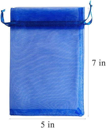 Pack of 100 5x7 inch Gift Wrap Bags Royal Blue, Organza Sheer Fabric Sturdy Material, Drawstring Organizer for Baby Shower Favor, Celebration, Church, Rose Petals, Cosmetic, Ring, Earring,Watch